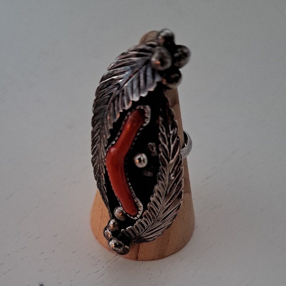 Vintage Old Pawn Sterling Silver/ Red Coral Feather Ring. Southwestern Jewelry